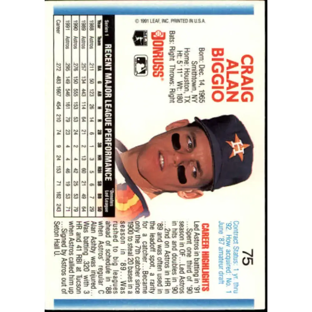 1992 Donruss #75 Craig Biggio NM-MT Houston Astros Baseball Card - Baseball Card Single