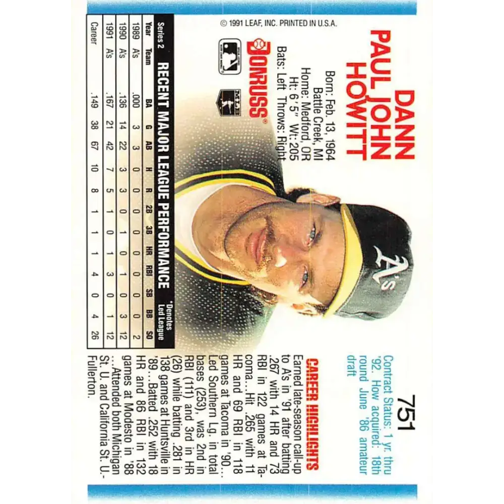 1992 Donruss #751 Dann Howitt NM-MT Oakland Athletics Baseball Card - Baseball Card Single