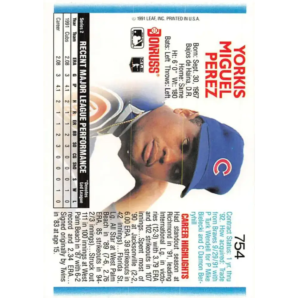 1992 Donruss #754 Yorkis Perez NM-MT Chicago Cubs Baseball Card - Baseball Card Single