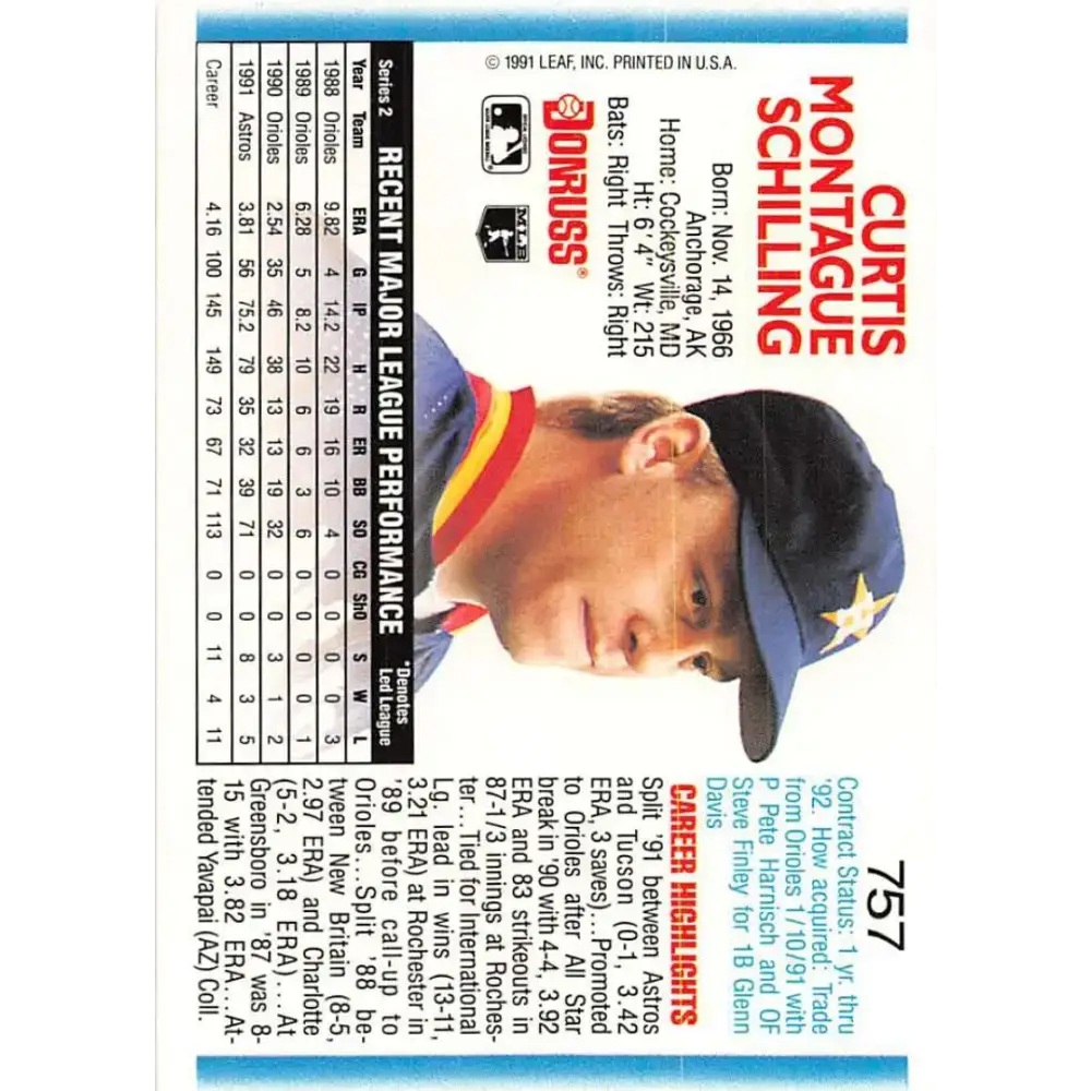 1992 Donruss #757 Curt Schilling NM-MT Houston Astros Baseball Card - Baseball Card Single