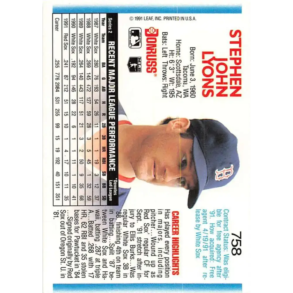 1992 Donruss #758 Steve Lyons NM-MT Boston Red Sox Baseball Card - Baseball Card Single