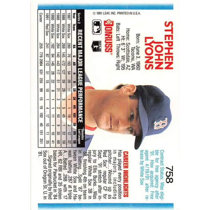 1992 Donruss #758 Steve Lyons NM-MT Boston Red Sox Baseball Card - Baseball Card Single