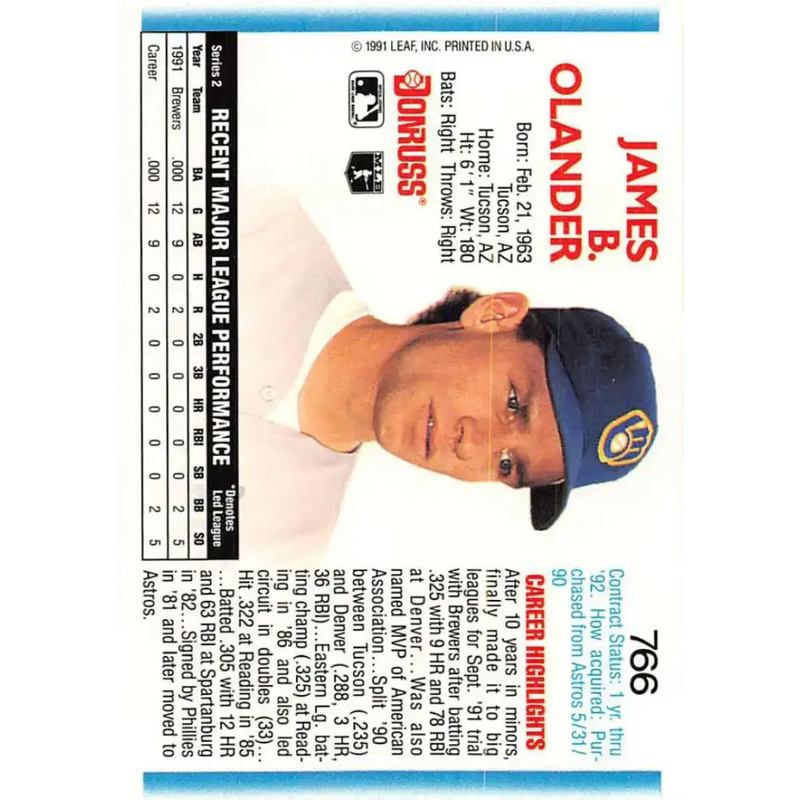 1992 Donruss #766 Jim Olander NM-MT RC Rookie Milwaukee Brewers Baseball Card - Baseball Card Single
