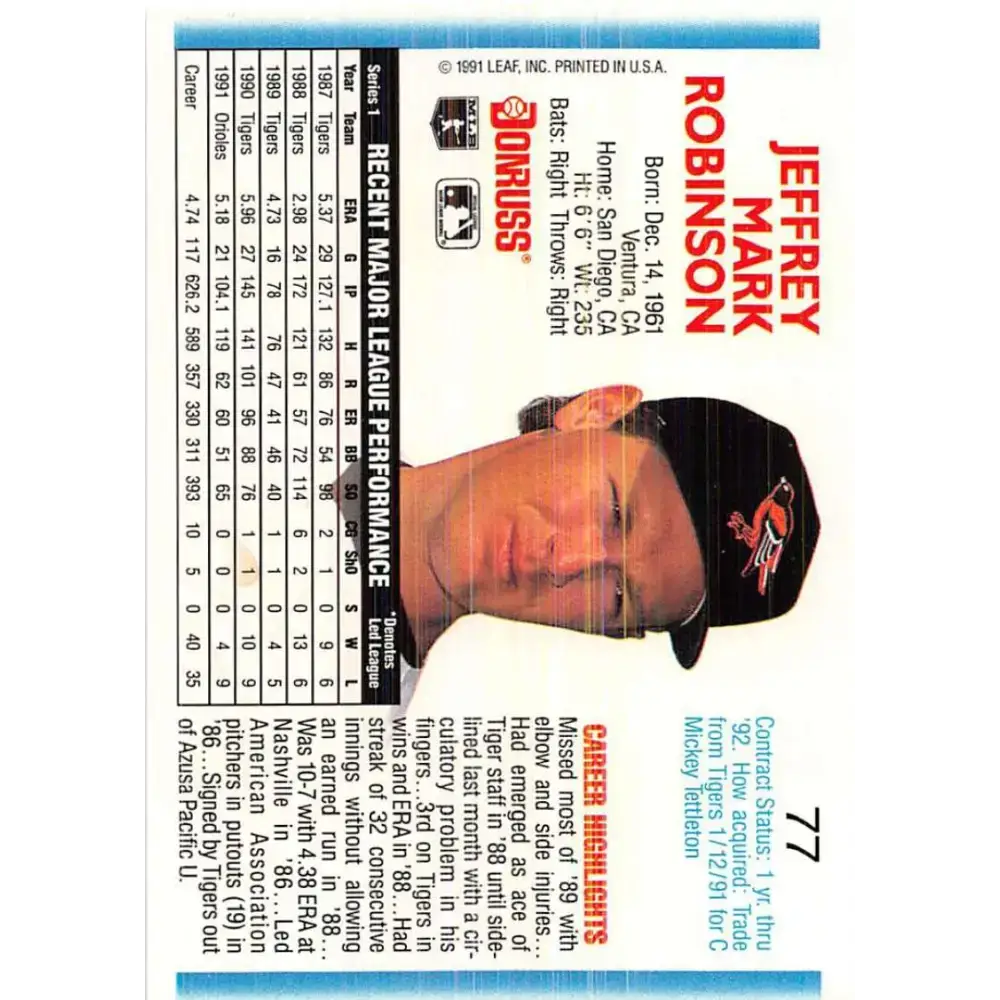 1992 Donruss #77 Jeff Robinson NM-MT Baltimore Orioles Baseball Card - Baseball Card Single