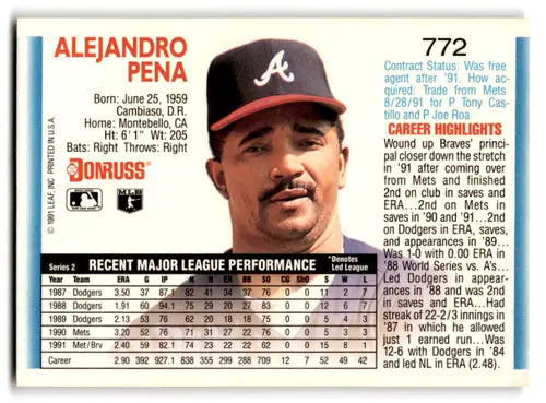 1992 Donruss #772 Alejandro Pena NM Near Mint Braves ID:67147 - Baseball Card Single