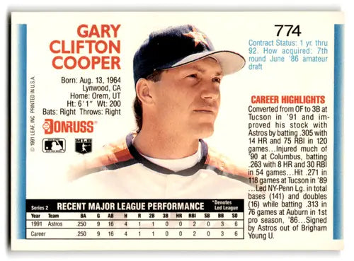 Gary Cooper baseball card from 1992 Donruss NM near mint RC rookie Astros