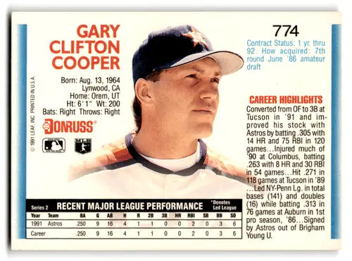 Gary Cooper rookie Astros baseball card with original gloss from 1992 Donruss