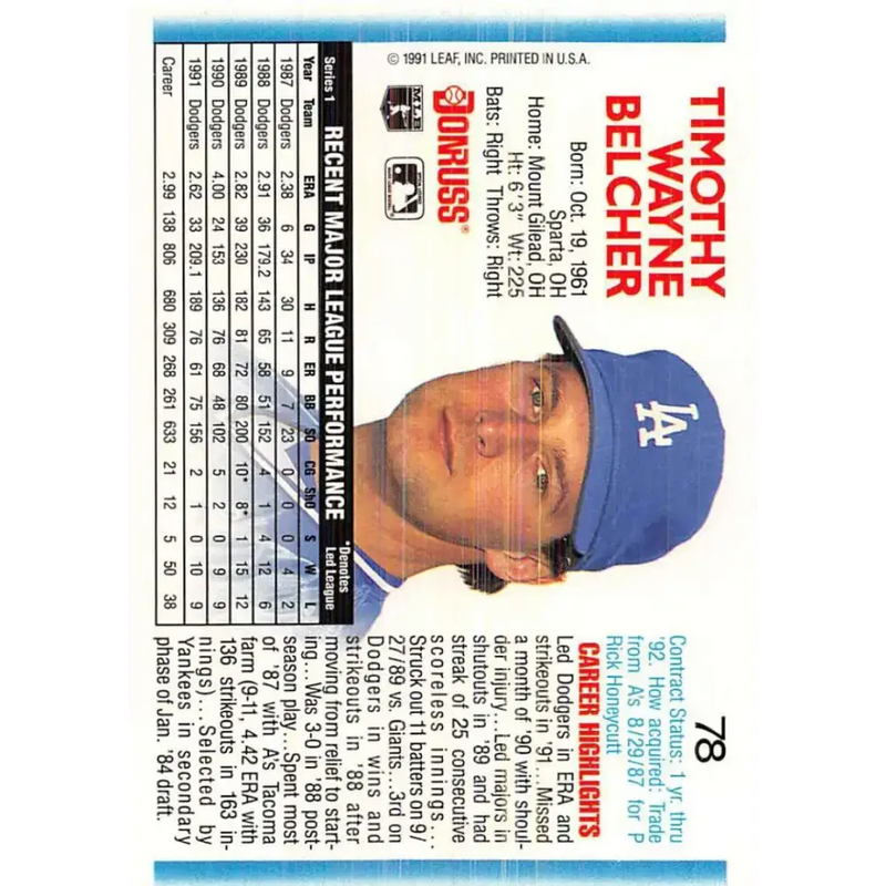 1992 Donruss #78 Tim Belcher NM-MT Los Angeles Dodgers Baseball Card - Baseball Card Single