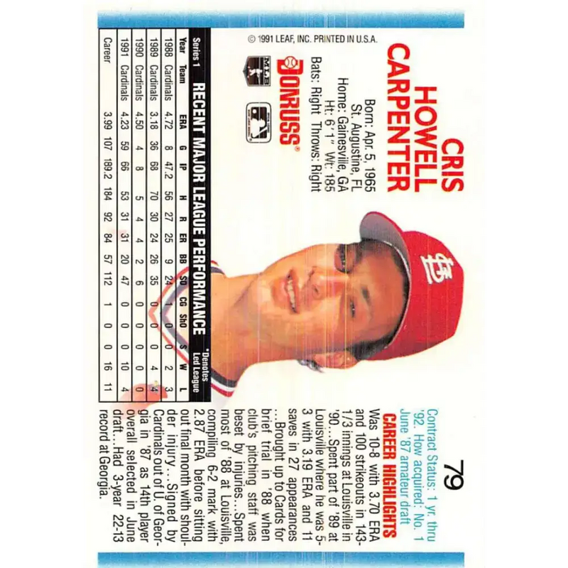 1992 Donruss #79 Cris Carpenter NM-MT St. Louis Cardinals Baseball Card - Baseball Card Single