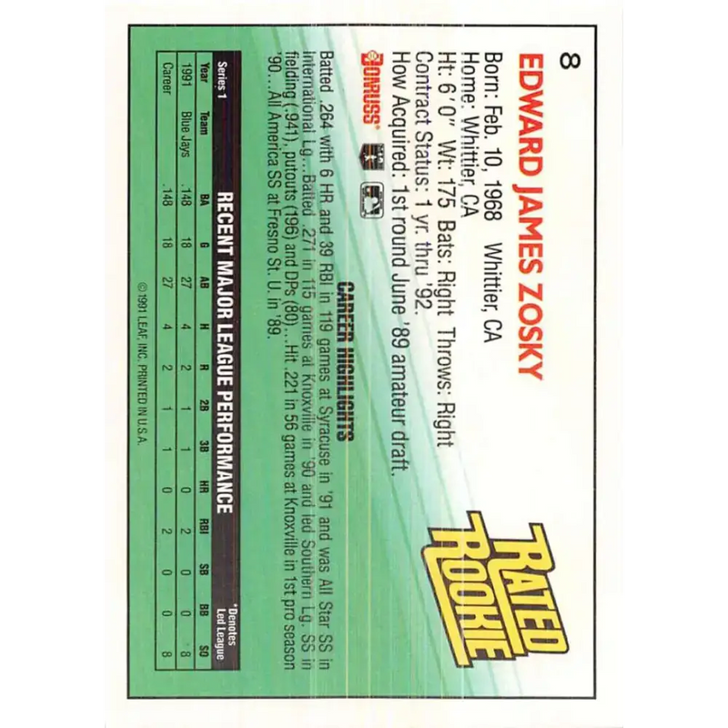 1992 Donruss #8 Eddie Zosky RR NM-MT Toronto Blue Jays Baseball Card - Baseball Card Single