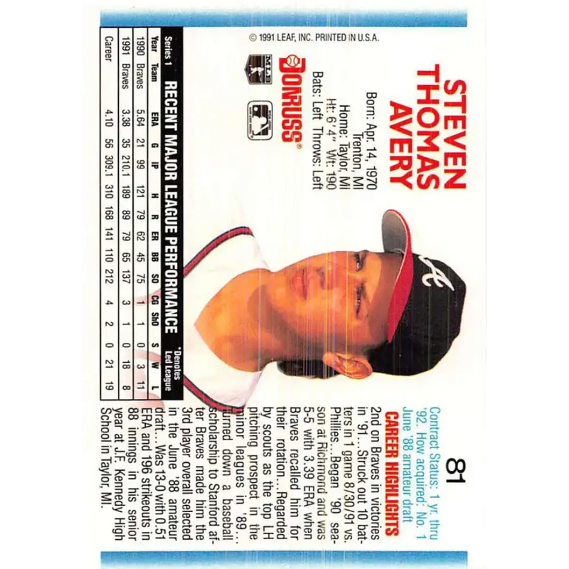 1992 Donruss #81 Steve Avery NM-MT Atlanta Braves Baseball Card - Baseball Card Single