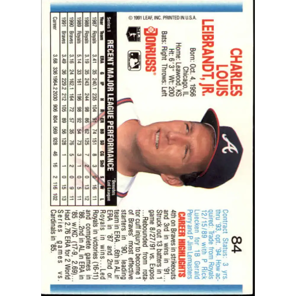 1992 Donruss #84 Charlie Leibrandt NM-MT Atlanta Braves Baseball Card - Baseball Card Single