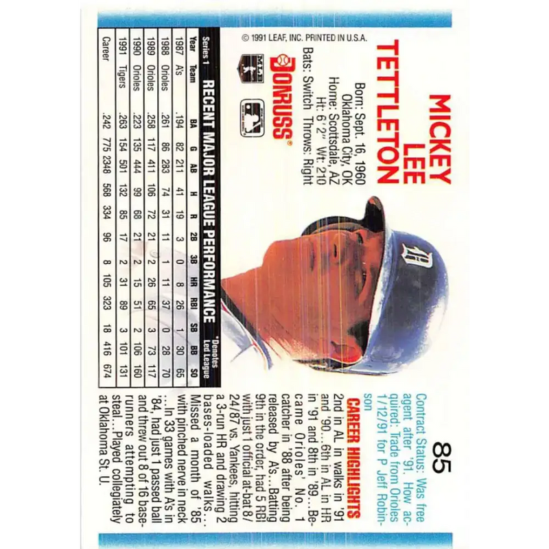 1992 Donruss #85 Mickey Tettleton NM-MT Detroit Tigers Baseball Card - Baseball Card Single