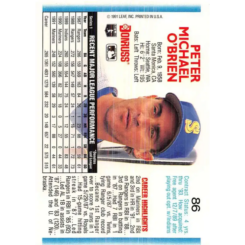 1992 Donruss #86 Pete O’Brien NM-MT Seattle Mariners Baseball Card - Baseball Card Single