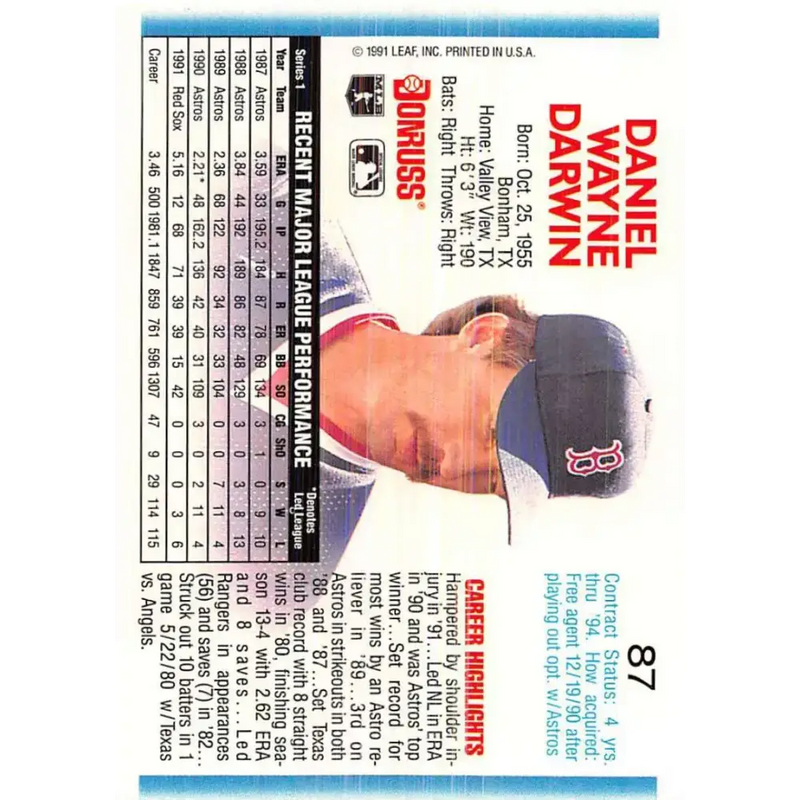 1992 Donruss #87 Danny Darwin NM-MT Boston Red Sox Baseball Card - Baseball Card Single