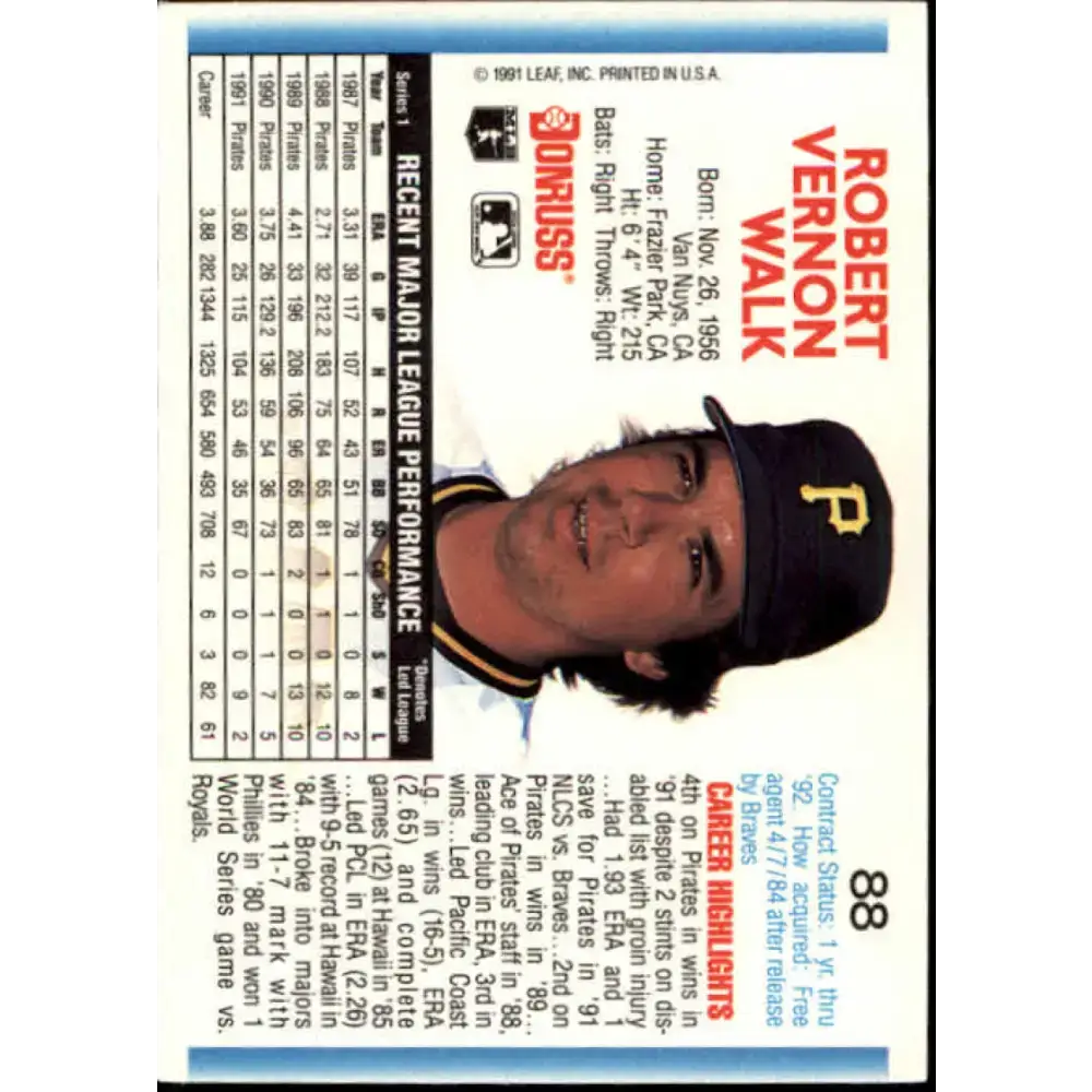 1992 Donruss #88 Bob Walk NM-MT Pittsburgh Pirates Baseball Card - Baseball Card Single