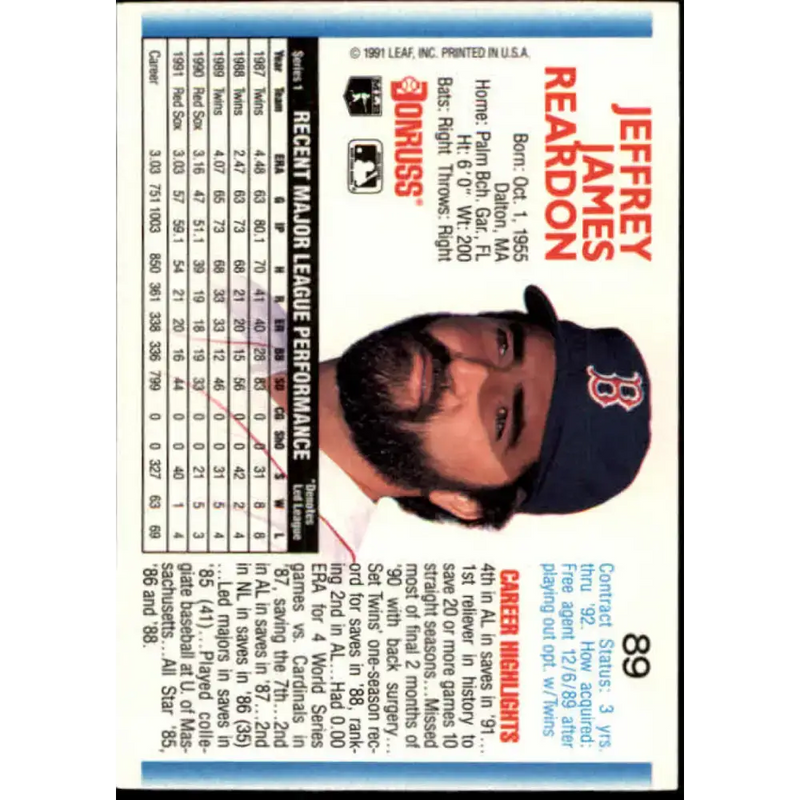 1992 Donruss #89 Jeff Reardon NM-MT Boston Red Sox Baseball Card - Baseball Card Single