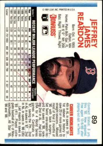 Baseball card back from 1992 Donruss Jeff Reardon NM-MT Red Sox with original gloss