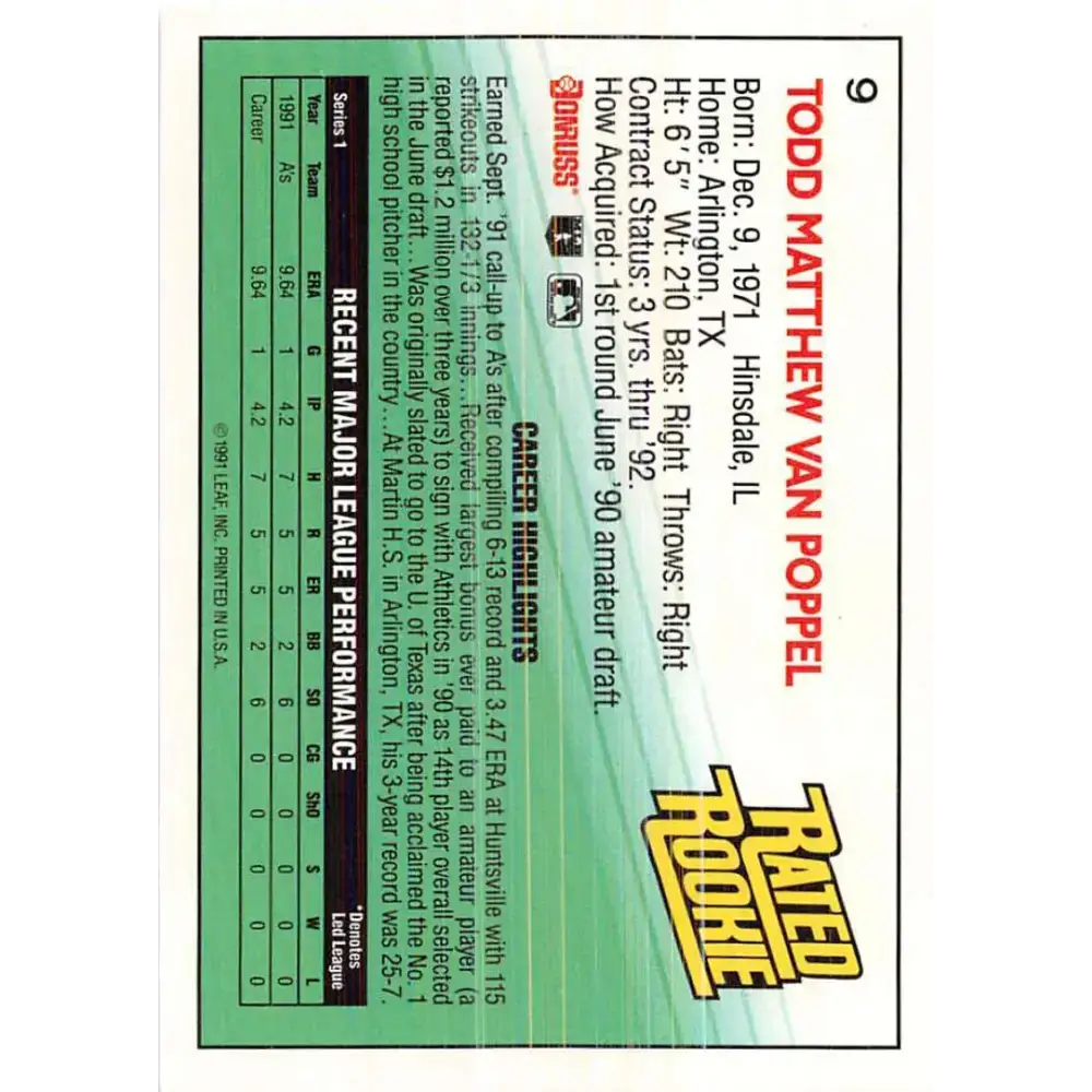 1992 Donruss #9 Todd Van Poppel RR NM-MT Oakland Athletics Baseball Card - Baseball Card Single