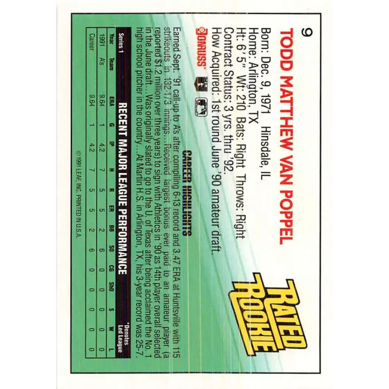 1992 Donruss #9 Todd Van Poppel RR NM-MT Oakland Athletics Baseball Card - Baseball Card Single