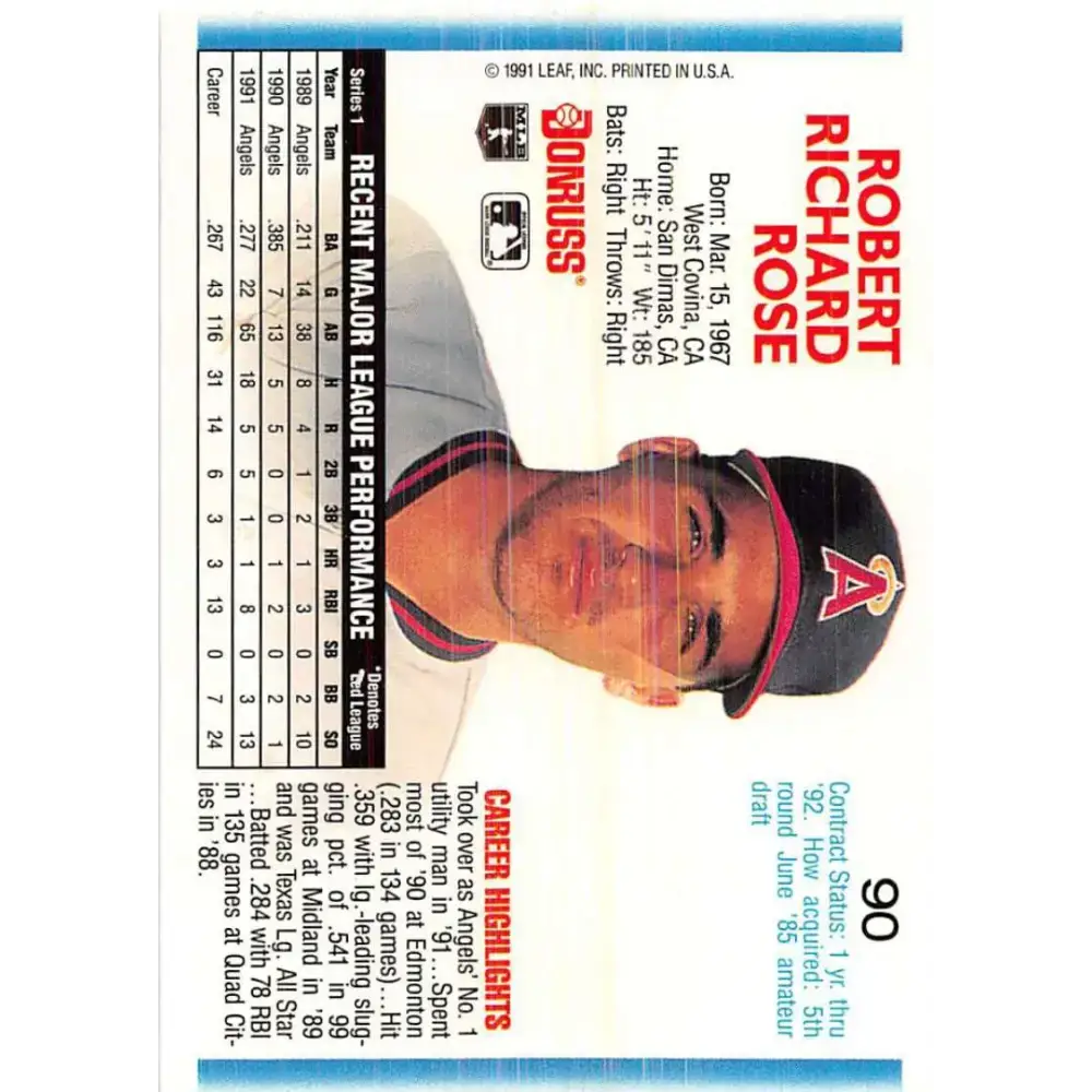 1992 Donruss #90 Bobby Rose NM-MT California Angels Baseball Card - Baseball Card Single