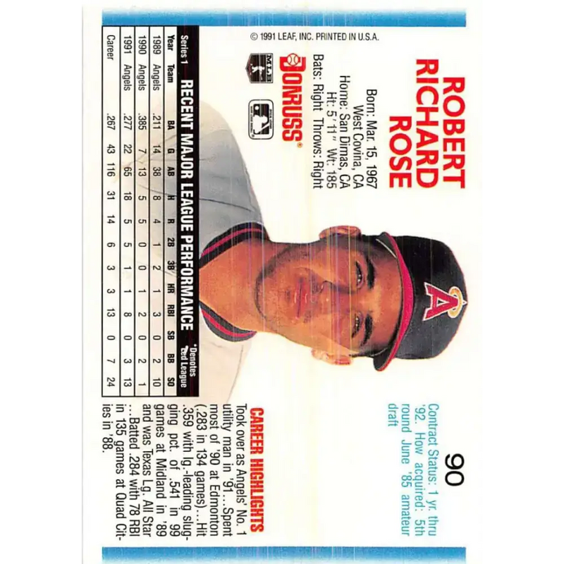 1992 Donruss #90 Bobby Rose NM-MT California Angels Baseball Card - Baseball Card Single