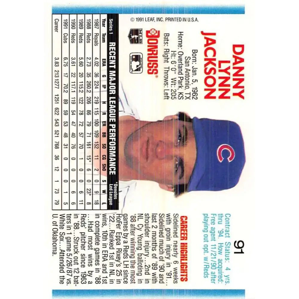 1992 Donruss #91 Danny Jackson NM-MT Chicago Cubs Baseball Card - Baseball Card Single