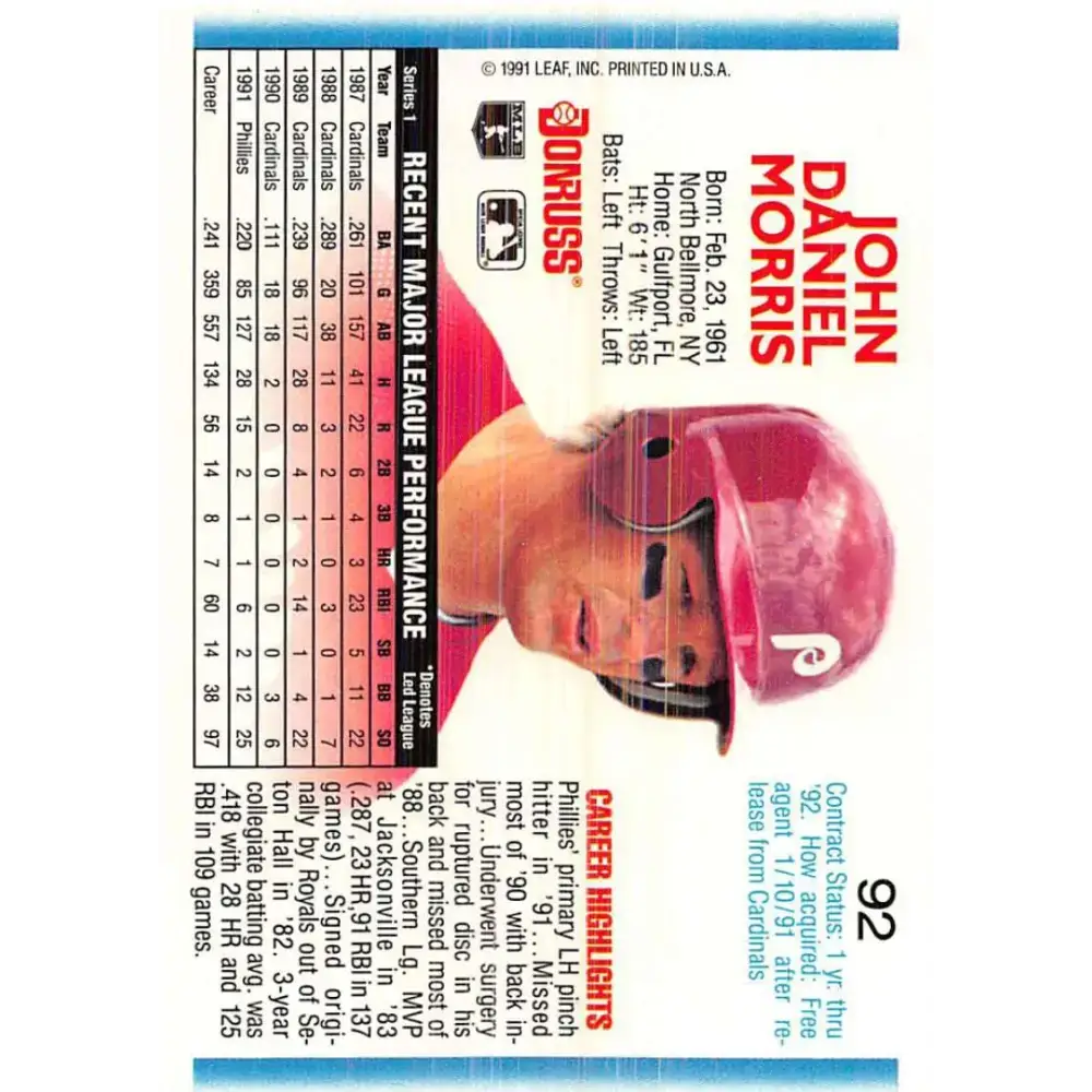 1992 Donruss #92 John Morris NM-MT Philadelphia Phillies Baseball Card - Baseball Card Single