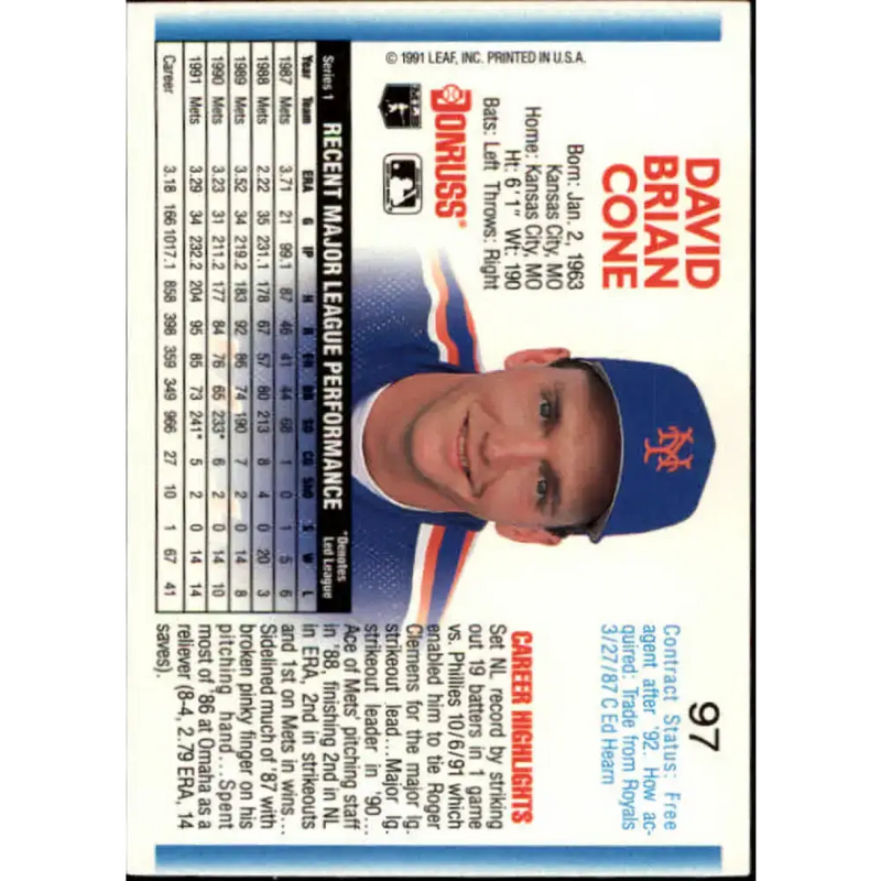 1992 Donruss #97 David Cone NM-MT New York Mets Baseball Card - Baseball Card Single