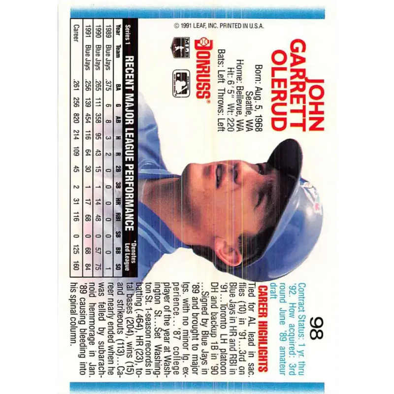 1992 Donruss #98 John Olerud NM-MT Toronto Blue Jays Baseball Card - Baseball Card Single