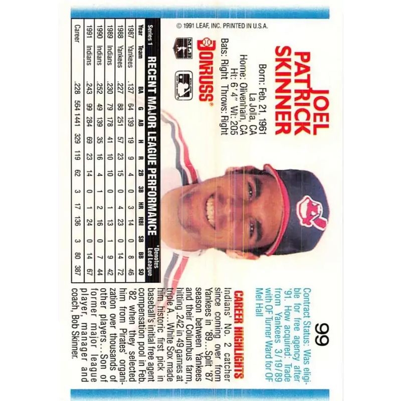 1992 Donruss #99 Joel Skinner NM-MT Cleveland Indians Baseball Card - Baseball Card Single