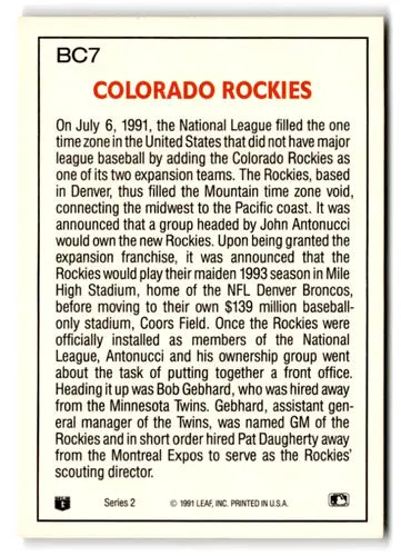 Back view of 1992 Donruss Bonus Cards BC7 Colorado Rockies with original gloss