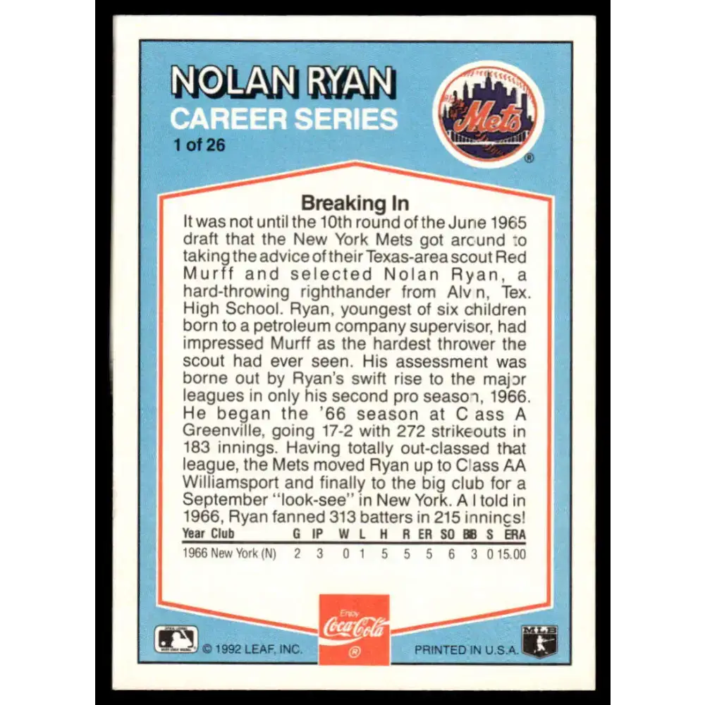 1992 Donruss Coca-Cola Nolan Ryan #1 Nolan Ryan EX/NM New York Mets Baseball Card - Baseball Card Single