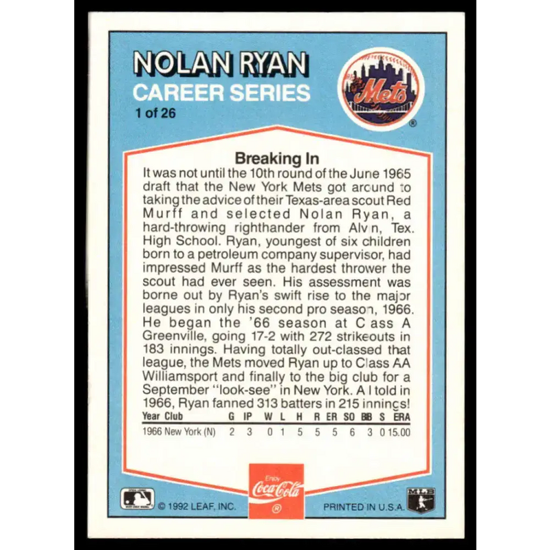 1992 Donruss Coca-Cola Nolan Ryan #1 Nolan Ryan EX/NM New York Mets Baseball Card - Baseball Card Single