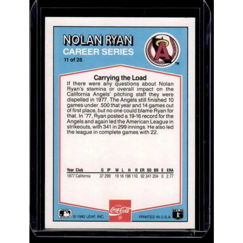 1992 Donruss Coca-Cola Nolan Ryan #11 Nolan Ryan California Angels NM-MT Baseball Card - Baseball Card Single