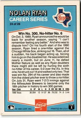 1992 Donruss Coca-Cola Nolan Ryan #24 Nolan Ryan - Baseball Card Single