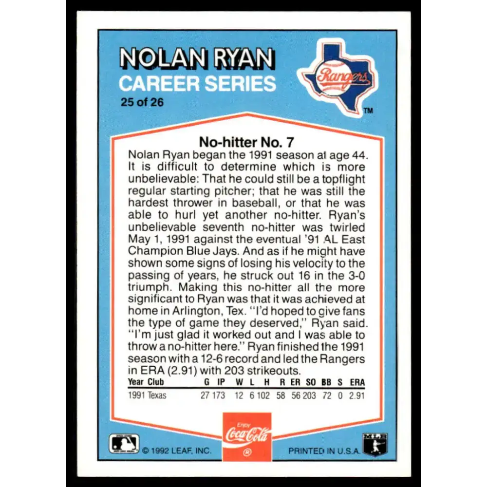 1992 Donruss Coca-Cola Nolan Ryan #25 Nolan Ryan EX/NM Texas Rangers Baseball Card - Baseball Card Single
