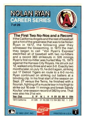 Original gloss Nolan Ryan baseball card featuring California Angels from 1992 Donruss