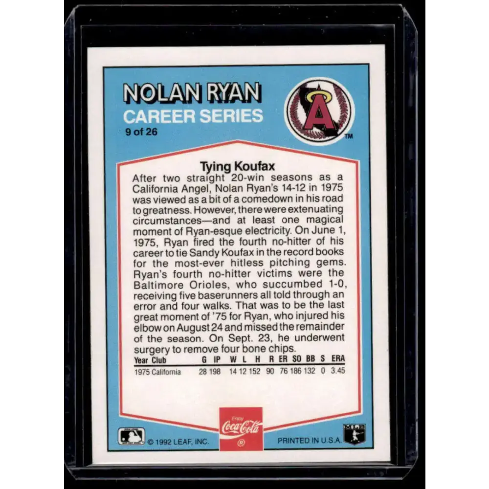 1992 Donruss Coca-Cola Nolan Ryan #9 Nolan Ryan California Angels NM-MT Baseball Card - Baseball Card Single