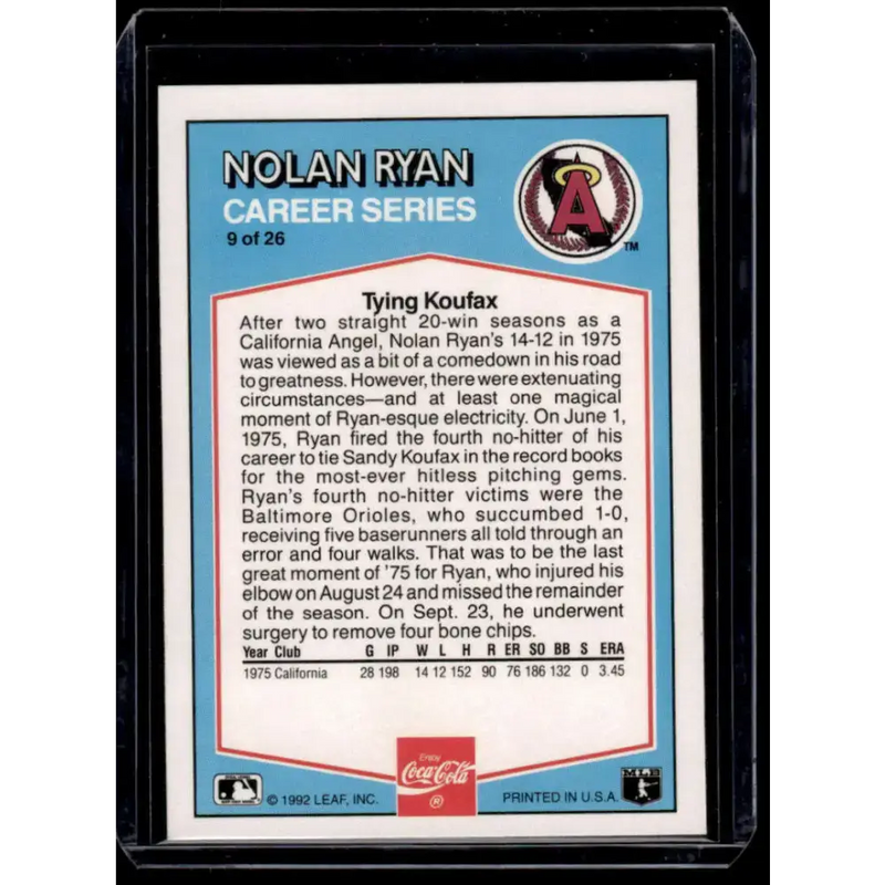 1992 Donruss Coca-Cola Nolan Ryan #9 Nolan Ryan California Angels NM-MT Baseball Card - Baseball Card Single