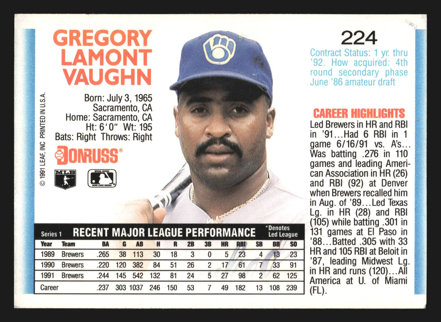 1992 Donruss Greg Vaughn #224 Milwaukee Brewers - Baseball Card Single