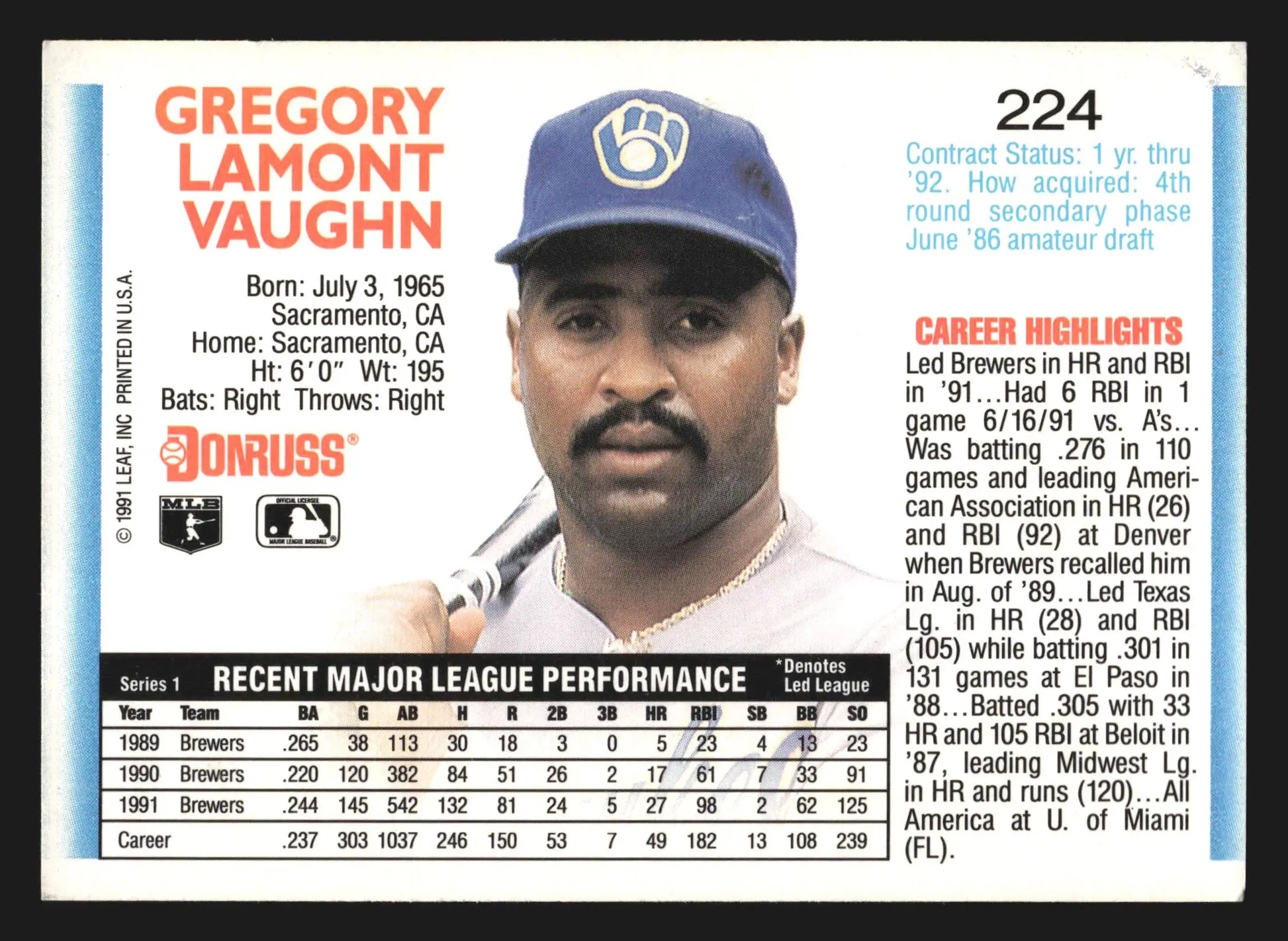 1992 Donruss Greg Vaughn #224 Milwaukee Brewers - Baseball Card Single