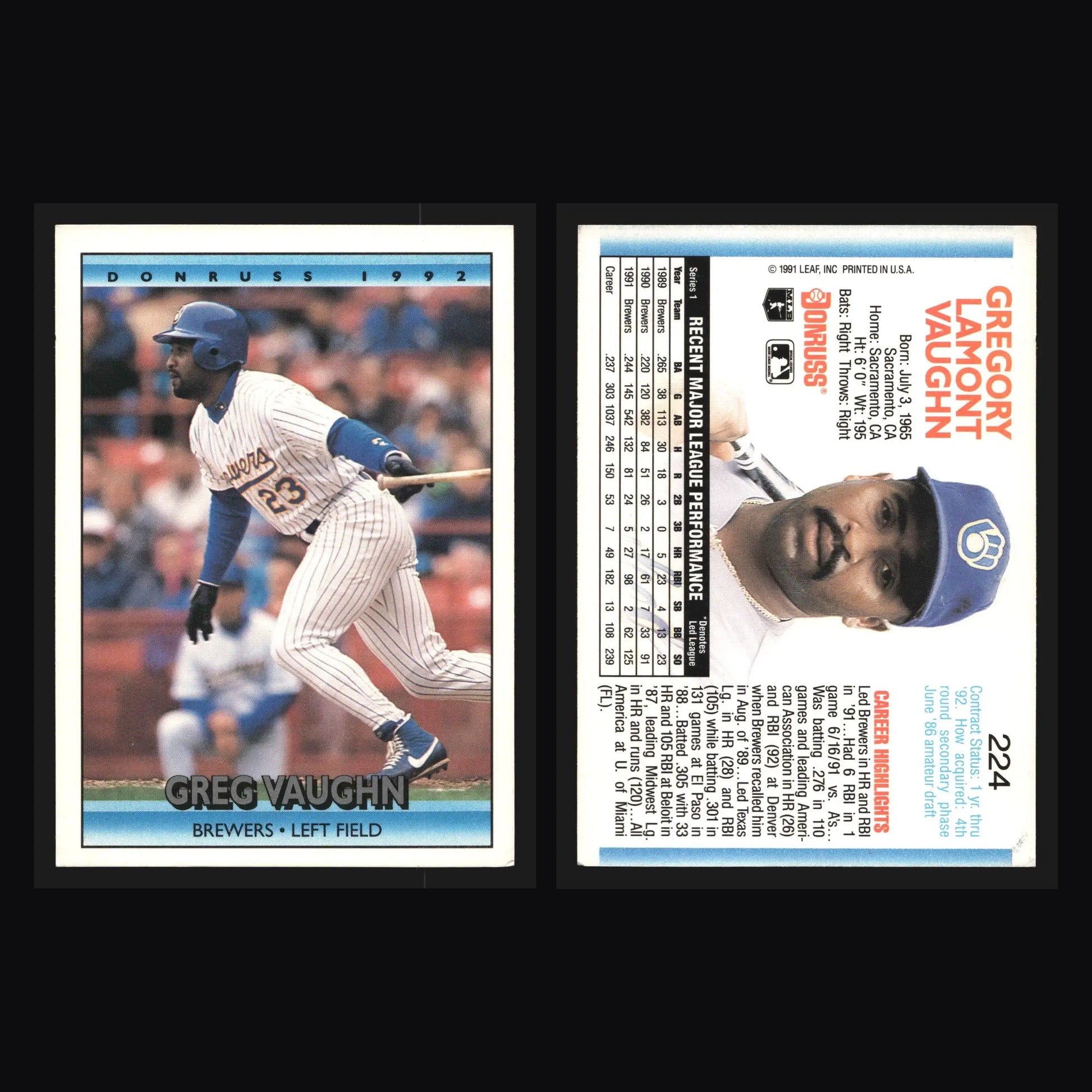 1992 Donruss Greg Vaughn #224 Milwaukee Brewers - Baseball Card Single