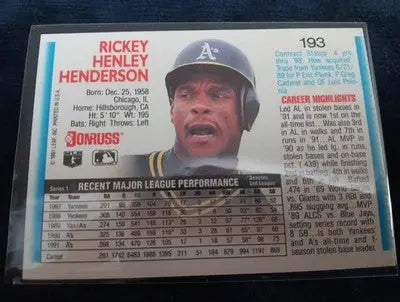 1992 Donruss - Rickey Henderson #193. Athletics. NRMT+ - Baseball Card Single