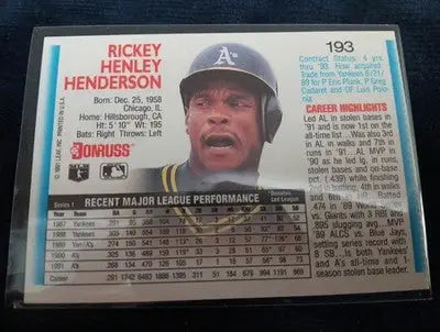 1992 Donruss - Rickey Henderson #193. Athletics. NRMT+ - Baseball Card Single