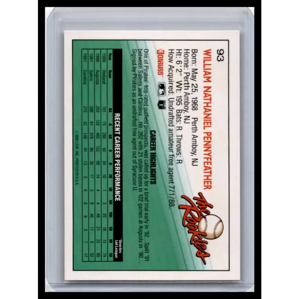 1992 Donruss The Rookies #93 Will Pennyfeather NM-MT Pittsburgh Pirates Baseball Card - Baseball Card Single