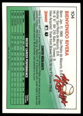1992 Donruss The Rookies Ben Rivera #104 Baseball - Baseball Card Single