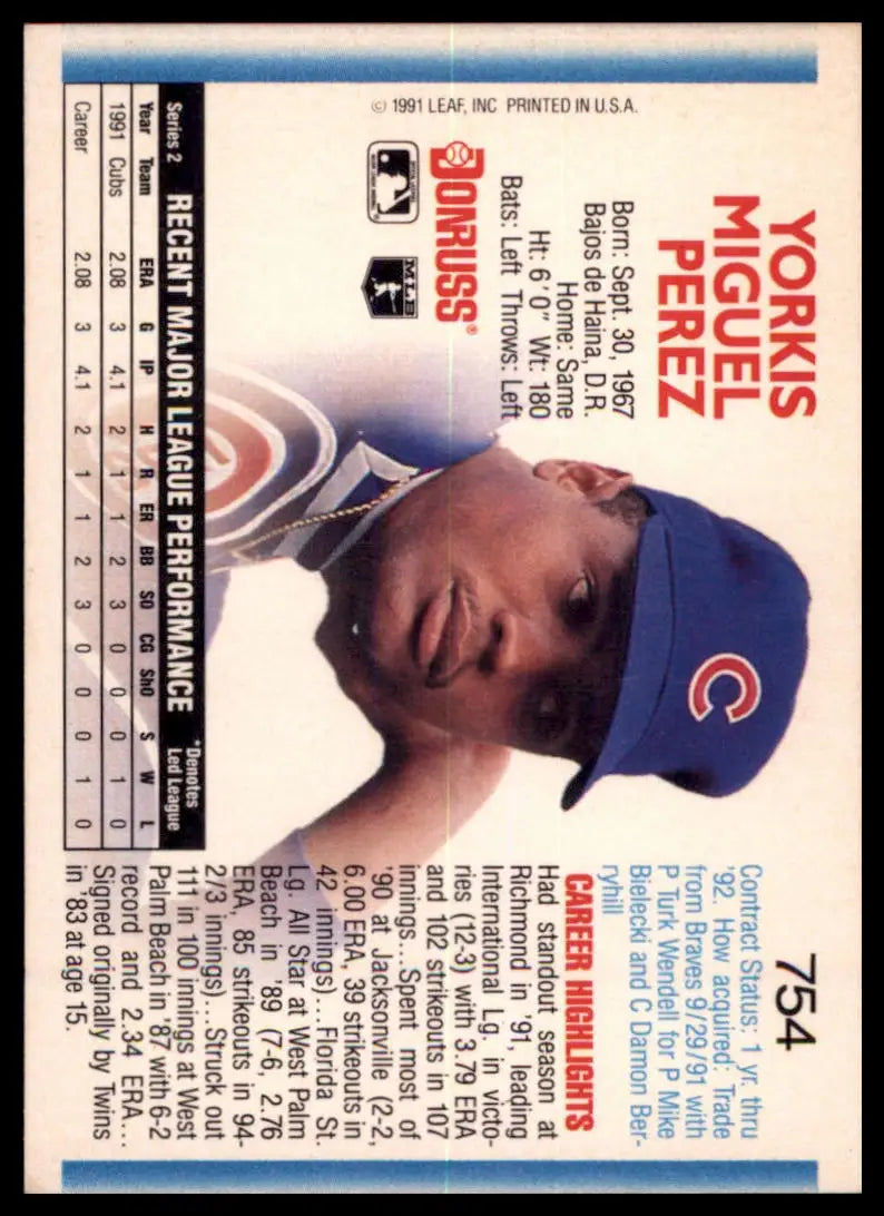 1992 Donruss Yorkis Perez RC 754 Chicago Cubs NM - Baseball Card Single