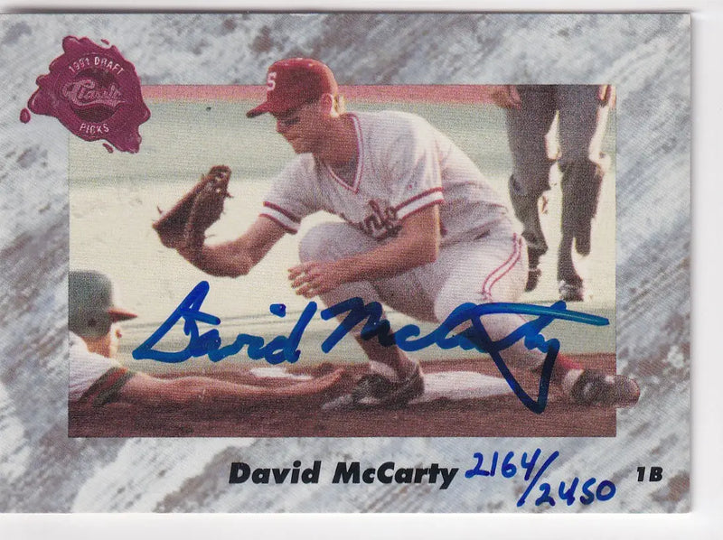 1992 DRAFT PICK #1B DAVID MCCARTY AUTO 2174/2450 TTM- BOSTON RED SOX - Baseball Card Single