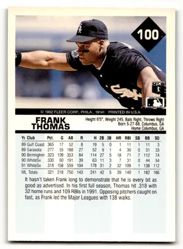 1992 Fleer #100 Frank Thomas EX/NM White Sox ID:59271 - Baseball Card Single